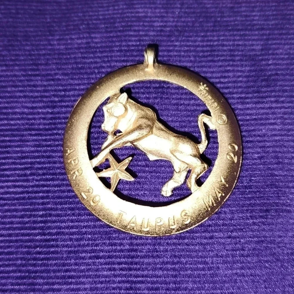 Vintage Crown Trifari Taurus Pendant May Birthday Zodiac Astrology Gold Tone